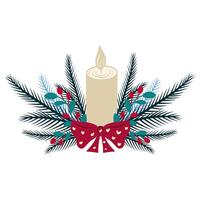 Christmas Postcard, candle surrounded by fir branches and berries with a red bow in front vector