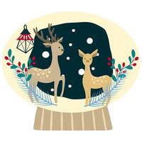 Christmas snow Globe with deers and berries, retro baby toys. illustration of New Year decor with deers and twigs on isolated background vector