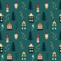 Christmas seamless pattern with buildings, trees and angels on green background vector
