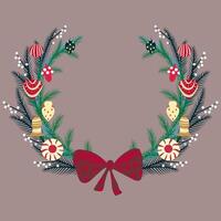 Christmas wreath with pine tree branches, berries and christmas ball toys on reddish background, hand drawn illustration vector