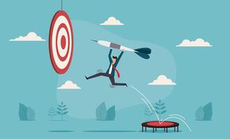 Businessman bounces on trampoline to achieve high target, symbolizing target achievement, success and reaching for target and goal, determination, success, ambition. Business presentations vector
