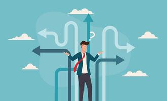 Businessman contemplating decisions, pondering multiple choices. Ideal for business concepts, decision making, uncertainty, career choices, and strategy visuals or presentations vector