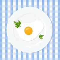 Fried egg on white plate. Simple breakfast top view. vector