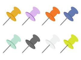 Set of colorful thumbtacks. Different push pins, each isolated on white. Work os study items vector