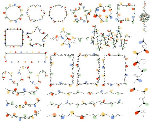 Big set of colorful garland lights in different shapes. Decoration elements for Christmas, birthday, party celebration design.