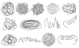 Set of hand-drawn scribbles, each isolated on white background. Abstract collection of different tangled lines and circles. Trendy doodles. vector