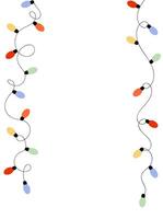 Curvy strings of Christmas garland lights on vertical white background. Celebration template with empty space for text. vector