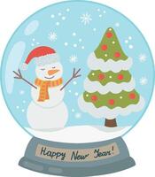 A snow globe with a Christmas tree, a snowman, snowflakes and snow. design template for Christmas and New Year. A greeting card. vector