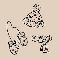 set of winter clothes made of knitted beanie hat, scarf, mittens, socks. Black and white drawings with contour lines and patterns. Design elements of cliparts for winter clothes. Fashionable vector