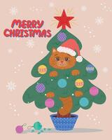 A Christmas and New Year card with a funny cute cat. A pet cat is sitting in a Christmas tree, playing with toys and hitting them. Flat hand-drawn pattern for a winter holiday print vector