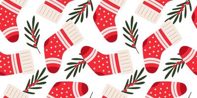 Colorful Christmas socks and branches with berries seamless pattern. Red Christmas stockings pattern. Flat illustration on white background. vector