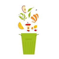 Composting organic waste with fruits and vegetables in a green compost bin for environmental care vector
