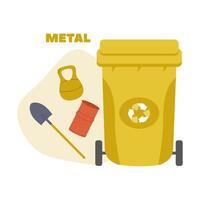 Recycling metal waste in a bright yellow bin with tools beside it for efficient disposal vector