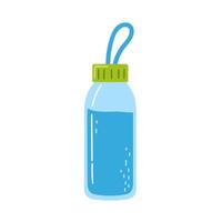 Clear water bottle with a green cap and a handle, filled with refreshing blue liquid vector