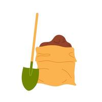 Shovel and burlap sack filled with soil displayed on a plain background vector
