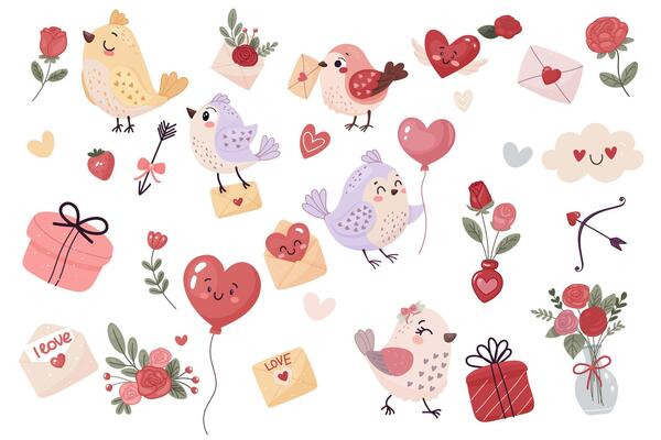 Set of cute Valentine day elements. Hearts, flowers, birds and more. illustration for your design