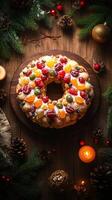 Vertical top view of Rosca de Reyes adorned with bright candied fruits, pine branches and candles photo