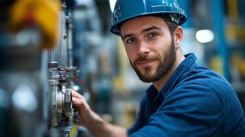 An industrial engineer in blue hard hat, smiling confidently while working on a machine in a factory photo