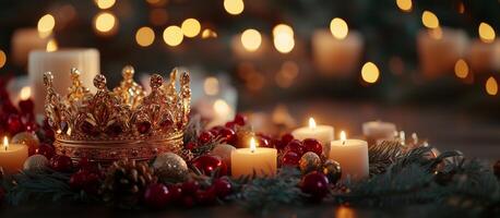 Golden crown with red jewels, candles and pine branches around. Epiphany wide banner, copy space photo