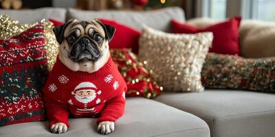 A cute pug sits on a cozy couch wearing a red ugly Christmas sweater with a Santa design. Jumper Day photo
