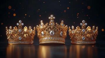 Three golden crowns with intricate designs and gemstones, dark background. Three Kings Day, Epiphany photo