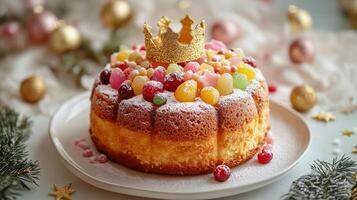 brillante rosca Delaware reyes pastel con oro corona, cubierto en en polvo azúcar. Epifanía y Tres reyes día foto