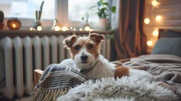 Dog resting on a blanket in mysig style interior. Heating radiator. Pet comfort during a cold season photo