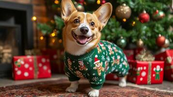 A corgi in festive green ugly sweater with gingerbread patterns stands in front of a Christmas tree photo