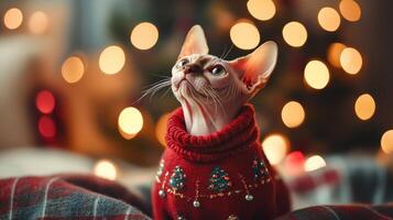 A hairless Sphynx cat in a red ugly sweater decorated with Christmas trees looks up thoughtfully photo