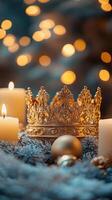 Elegant golden crown surrounded by glowing candles, glittering decorations. Vertical Epiphany banner photo