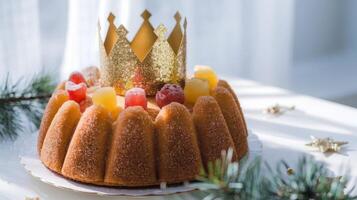 Traditional Rosca de Reyes cake topped with a glittering gold crown. Three Kings Day, Epiphany photo
