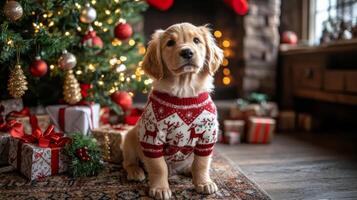 Golden retriever puppy in ugly Christmas sweater sits beside Christmas tree and presents. Jumper Day photo