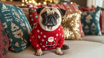 Cute pug sits on a cozy couch in a red ugly Christmas sweater with a Santa Claus design. Jumper Day photo