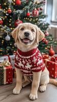 A golden retriever puppy in a red ugly Christmas sweater with reindeer patterns. Vertical banner photo
