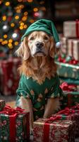 A golden retriever in a green Christmas elf costume with a hat, sitting by presents. Vertical banner photo