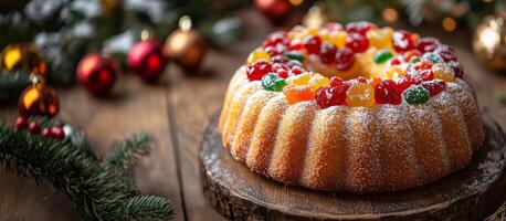Rosca de Reyes with candied fruits, on rustic wooden plate, ornaments and pine branches. Wide banner photo