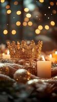 Golden crown with glittering decorations, candles, warm festive lighting. Vertical Epiphany banner photo