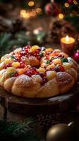 Festive Rosca de Reyes adorned with candied fruits, placed on wooden board. Epiphany vertical banner photo