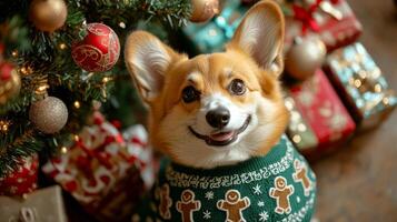 Corgi in festive green sweater with gingerbread men patterns sits by Christmas tree with gift boxes photo