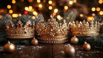 Golden crowns with gemstones surrounded by Christmas ornaments and pine branches. Three Kings Day photo