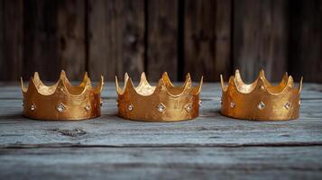 Three golden crowns on a rustic wooden surface. Three Kings Day and Epiphany holiday traditions photo