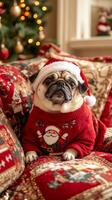 A pug dressed in ugly Christmas sweater and Santa hat sits on plush couch. Jumper Day vertical image photo