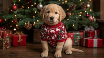 A golden retriever puppy in a red Christmas sweater with reindeer sits by a decorated Christmas tree photo