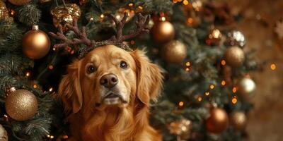 A golden retriever with festive reindeer antlers headband, sitting beside a decorated Christmas tree photo