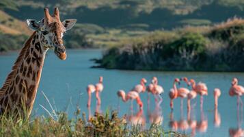 Close-up of a giraffe with a group of flamingos by a lake. Harmony of African wildlife, biodiversity photo