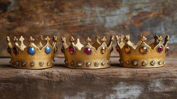 Three gold crowns with jewel embellishments on a rustic wooden surface. Three Kings Day and Epiphany photo