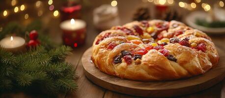 Classic Rosca de Reyes with candied fruits on wooden platter. Epiphany wide banner with copy space photo