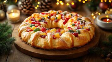 tradicional rosca Delaware reyes un pan con azucarado frutas en un de madera tablero. Tres reyes día, Epifanía foto
