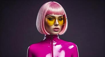 Futuristic fashion model in pink latex with bold accessories for edgy design photo