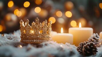 dorado corona metido en un Nevado superficie, brillante velas y bokeh luces. Tres reyes día, Epifanía foto